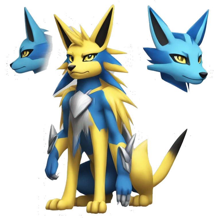 Yellow Anthro Edgy Cool Sonic-Zeraora-Anubis-Renamon-Jolteon-Pokémon-Fakémon with shiny blue markings Full Body Detailed High Quality  emoji