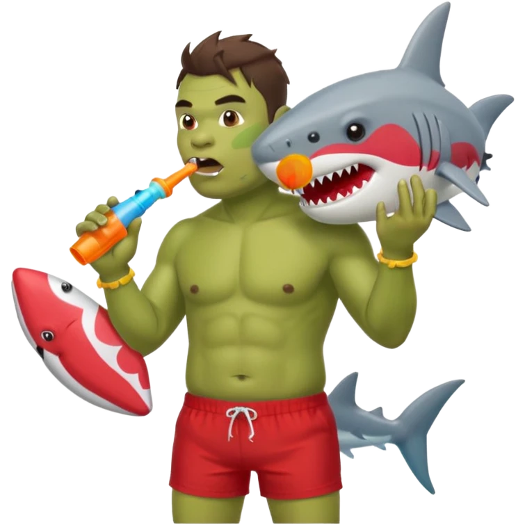 orc male in shark floatie, blowing whistle. Red swim trunks emoji