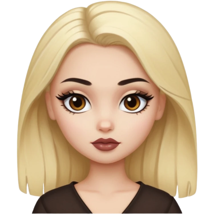 pale skin, bratz baddie, beautiful dark brown eyes,dark eyebrows, eyeliner, blonde russian hair emoji