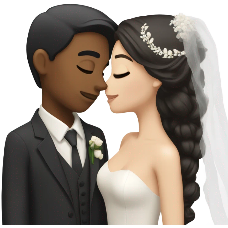 Bride with brunette hair and fair skin kissing groom with black hair and beige skin emoji