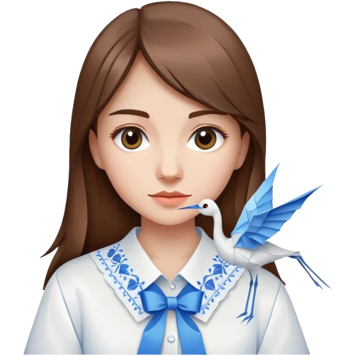 A Ukrainian young girl with brown hair wearing a white embroidered shirt holds an origami blue crane emoji