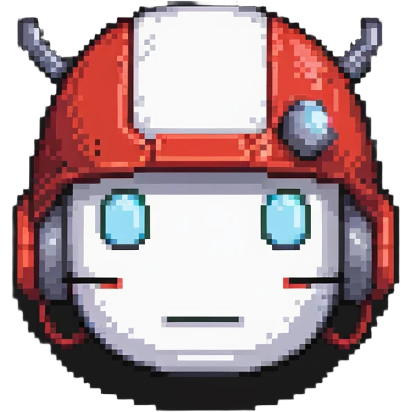Red bomberman head only, round helmet with antenna, white face with determined eyes, pixel art style emoji