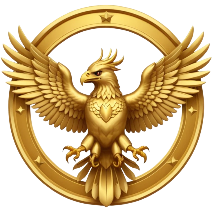 Golden Garuda eagle with wings spread, fierce face, detailed feathers, luxury emblem style, circular gold frame, bold serif text “GARUDA EVENTS”. emoji