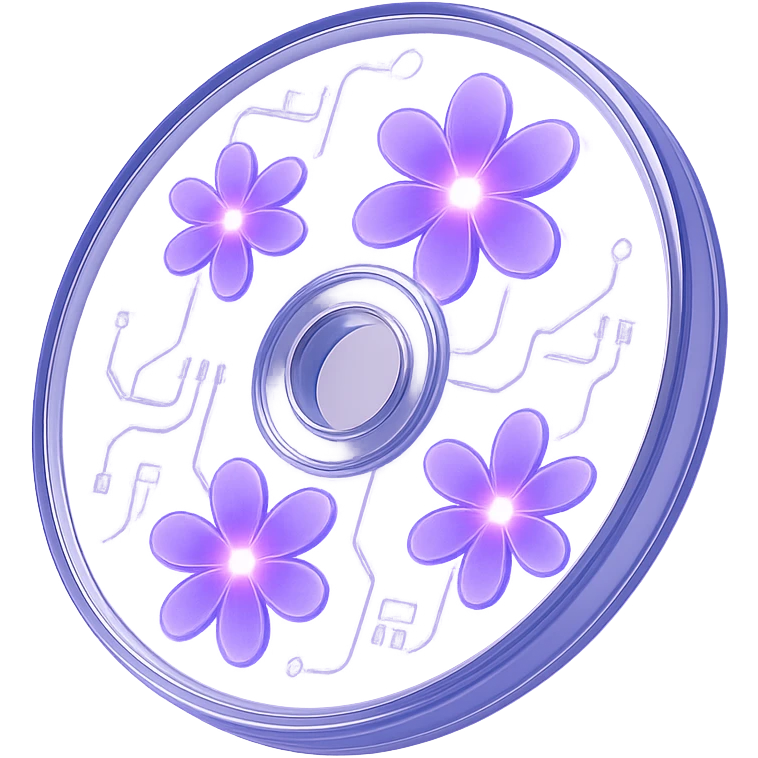A minimalist CD disc with glowing floral pattern, purple flowers emoji