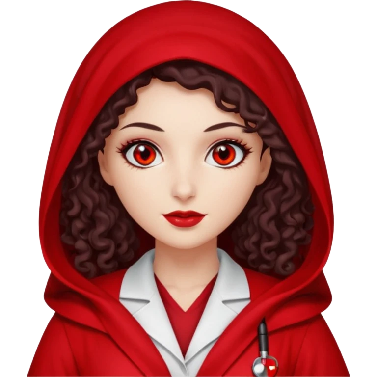 Lilith scalpel in hand, evil surgeon outfit.  She has red eyes. She has dark brown curly hair. Hair is long . Wears sexy doctor outfit with red gloves. Clears, mouth with Muslim red burka emoji