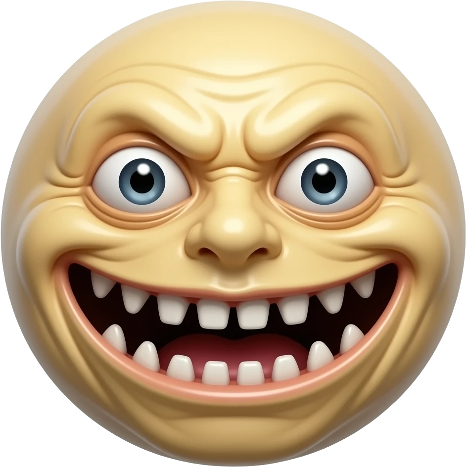 A grotesquely realistic, distorted smiley-face orb with deeply furrowed skin and a wide, agape mouth full of irregular, crooked teeth. Its sunken, human-like eyes stare outward with a haunting, frenzied intensity. emoji