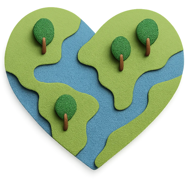 heart-shaped planet with tiny trees and rivers, paper craft style emoji