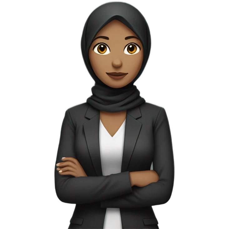 half body career woman wearing a hijab with her arms crossed over her chest, her skin is light skintone, wearing a black blazer and gray hijab emoji