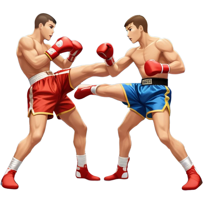 An icon showcasing a high-energy kickboxing match. Two fighters in action, one delivering a powerful roundhouse kick while the other defends with gloves raised. The background features a professional ring with bright lights and a cheering crowd. Transparent background. emoji