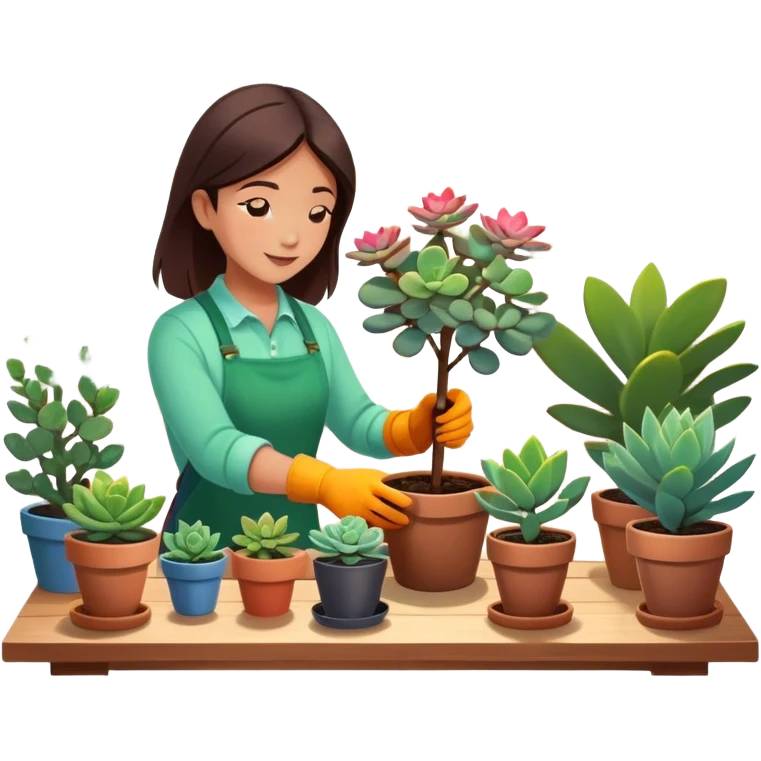 Close-up of a person planting a sapling in a pot. Around, potted plants and succulents with vibrant leaves and flowers. Sunlight filters through the window, casting soft shadows. Cozy indoor space with gardening tools on a wooden table. emoji