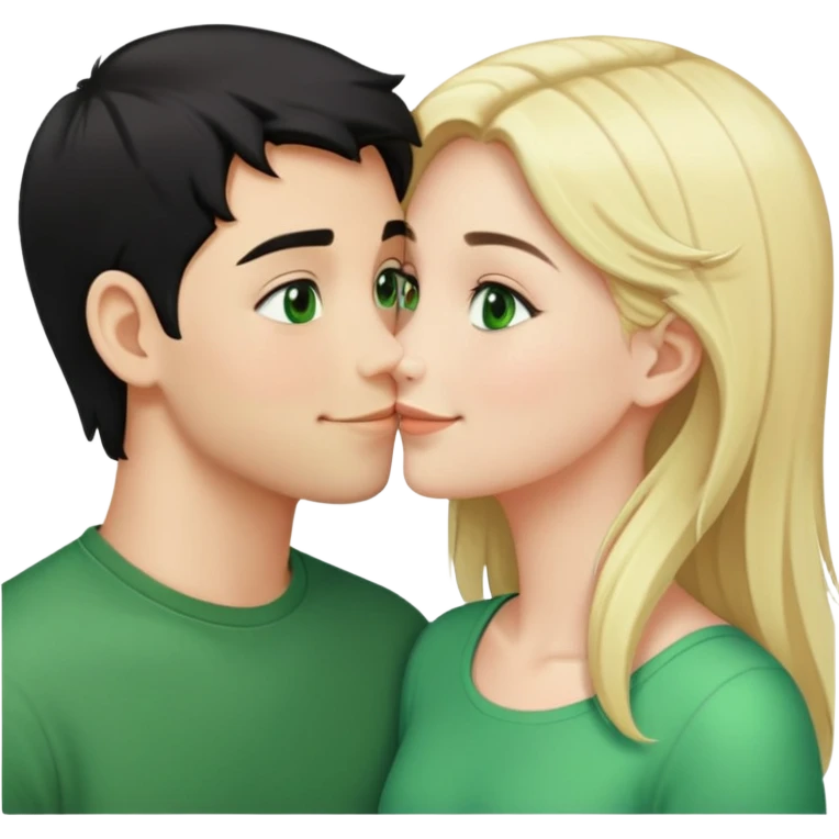 Smiling kissing couple of boy with short black hair and green eyes and blonde girl with long hair emoji
