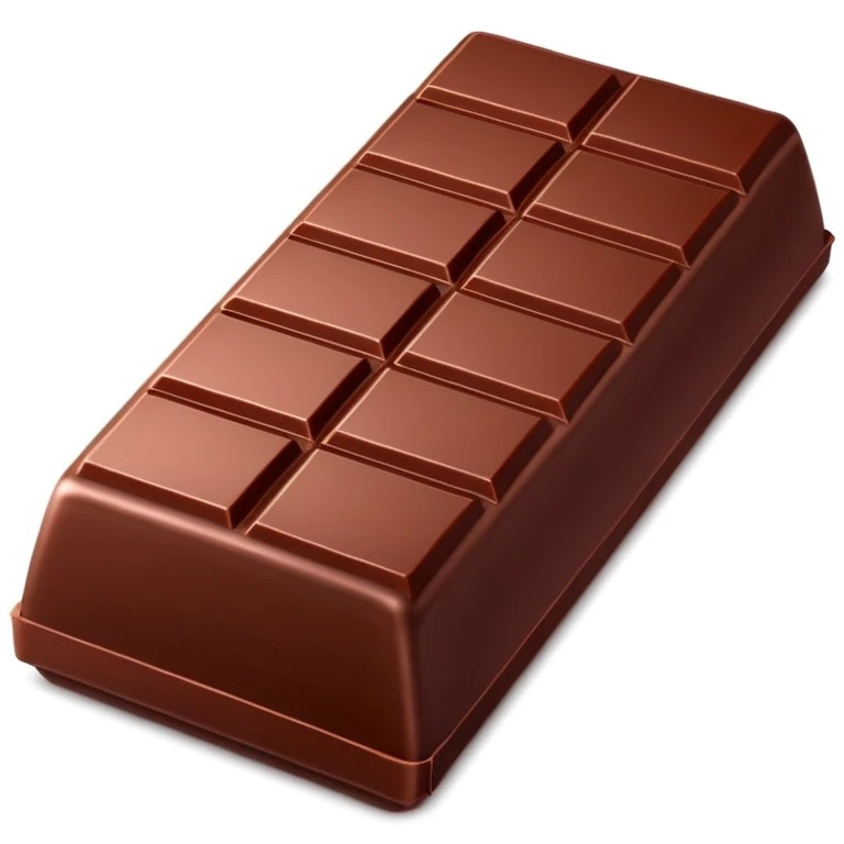 3D apple-style emoji of a chocolate bar half unwrapped in shiny red and silver foil, visible square chocolate segments, rich brown color, simplified shapes, cartoon-like look, glossy finish, soft shadows, minimal and clean design, no face or branding, white background emoji