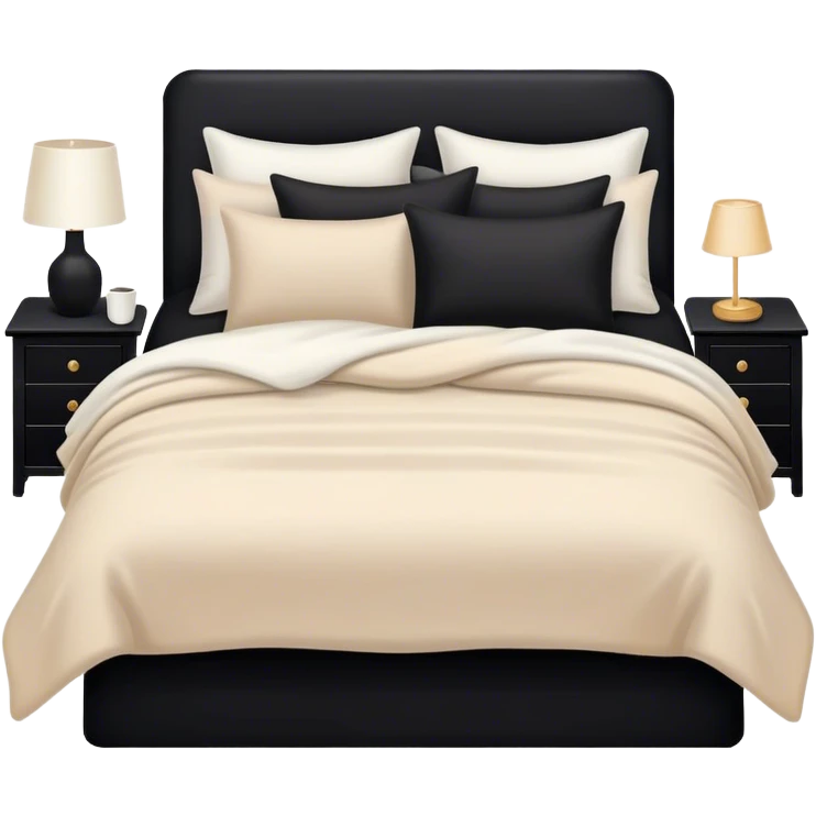 Black bed with pillows and blankets, cozy vibe white and beige emoji