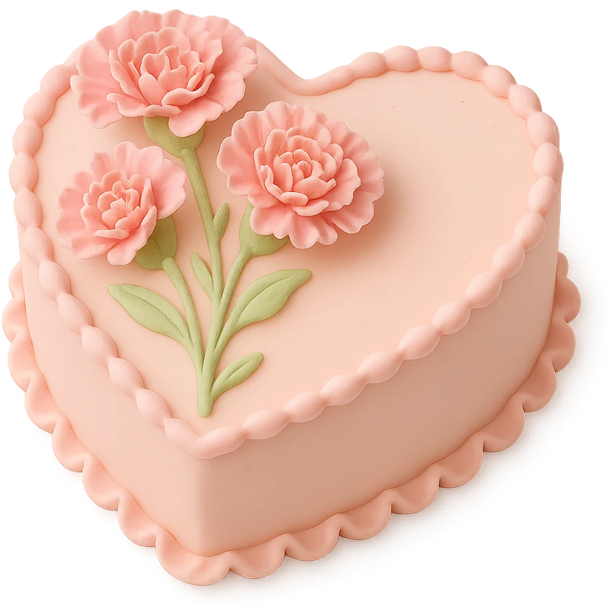 heart-shaped fondant cake with piped carnations emoji