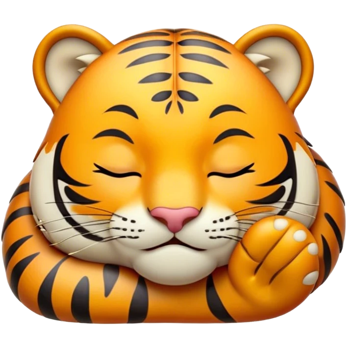 Meme-Worthy cute Sleeping Tiger Portrait Emoji, Head resting peacefully with a contented smile, showcasing a luxuriously striped form and eyes gently closed in serene slumber, Simplified yet comically adorable features, highly detailed, glowing with a soft, drowsy wild light, high shine, relaxed and utterly lovable, stylized with an air of playful laziness, bright and heartwarming, soft glowing outline, capturing the essence of a sleeping tiger that feels destined to become the next viral icon of adorable rest! emoji