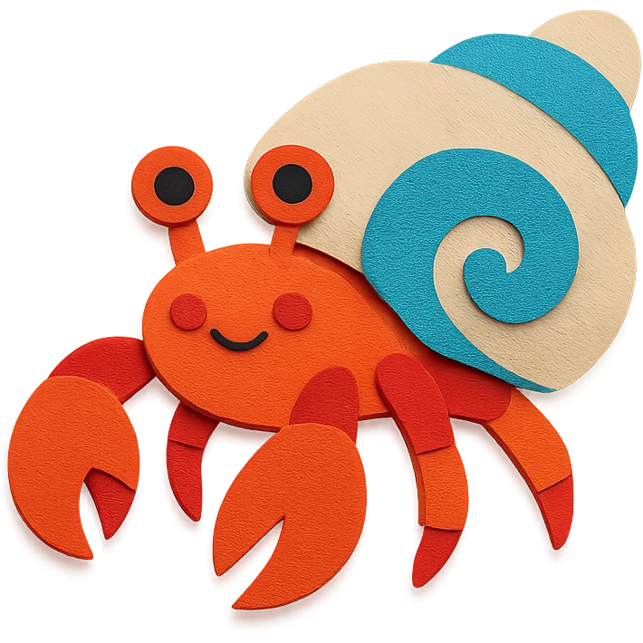 hermit crab with layered paper effect and bright colors in paper-craft style emoji