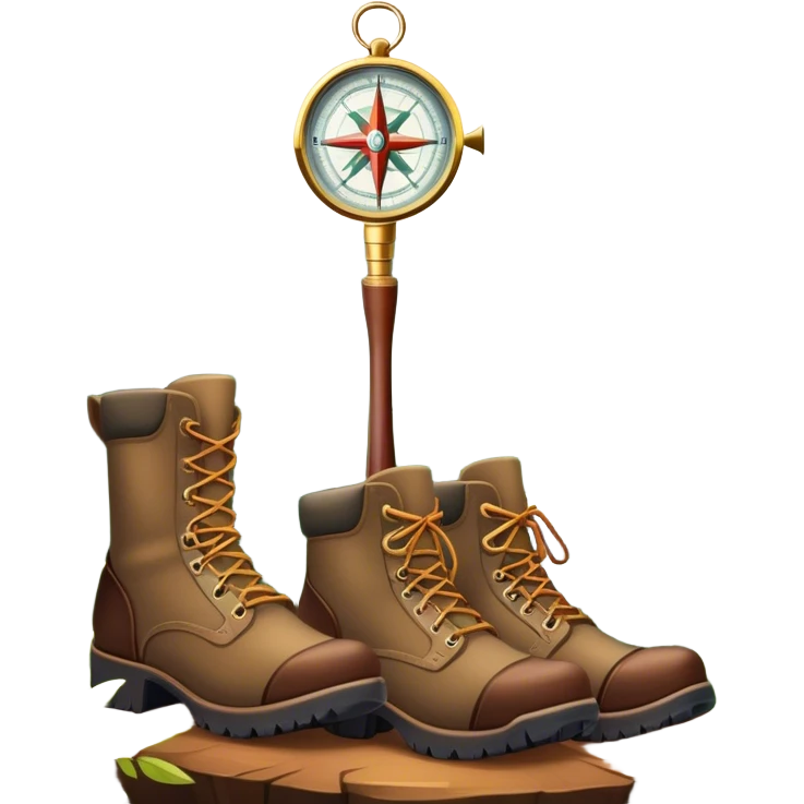 emoji for Hunting Tourism: a hunting rifle, hunting boots and a compass on a forest background, with a silhouette of wildlife in the distance. The icon should capture the adventure and connection with nature in hunting tourism. Transparent background. emoji