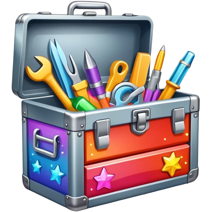 Toolbox with colorful stickers and sparkles emoji