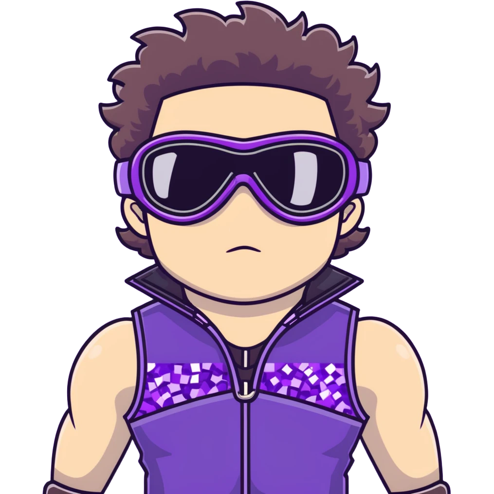 close-up of bad guy male athlete with white skin and moderately curly dark brown hair on top with shaved sides, wearing ski goggles with purple frames and very dark black lenses, a simple plain black chain necklace, and a completely unzipped sleeveless vest with purple and black sequin fire pattern design with no logo, with an extremely arrogant sneer on his face, looking menacing and villainous, exuding overconfidence and a threatening aura emoji