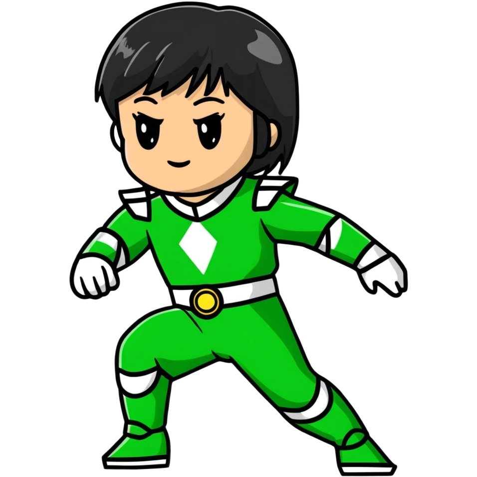 wasian girl in a green Power Ranger suit, black straight hair, black eyes emoji