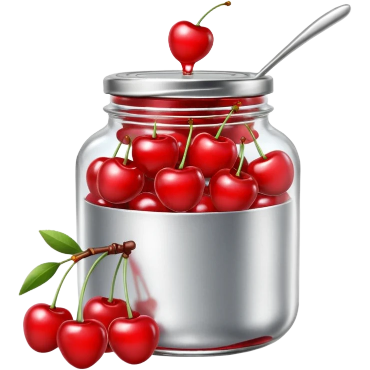 Realistic glass jar with silver metallic lid filled with maraschino cherries inside of it. emoji