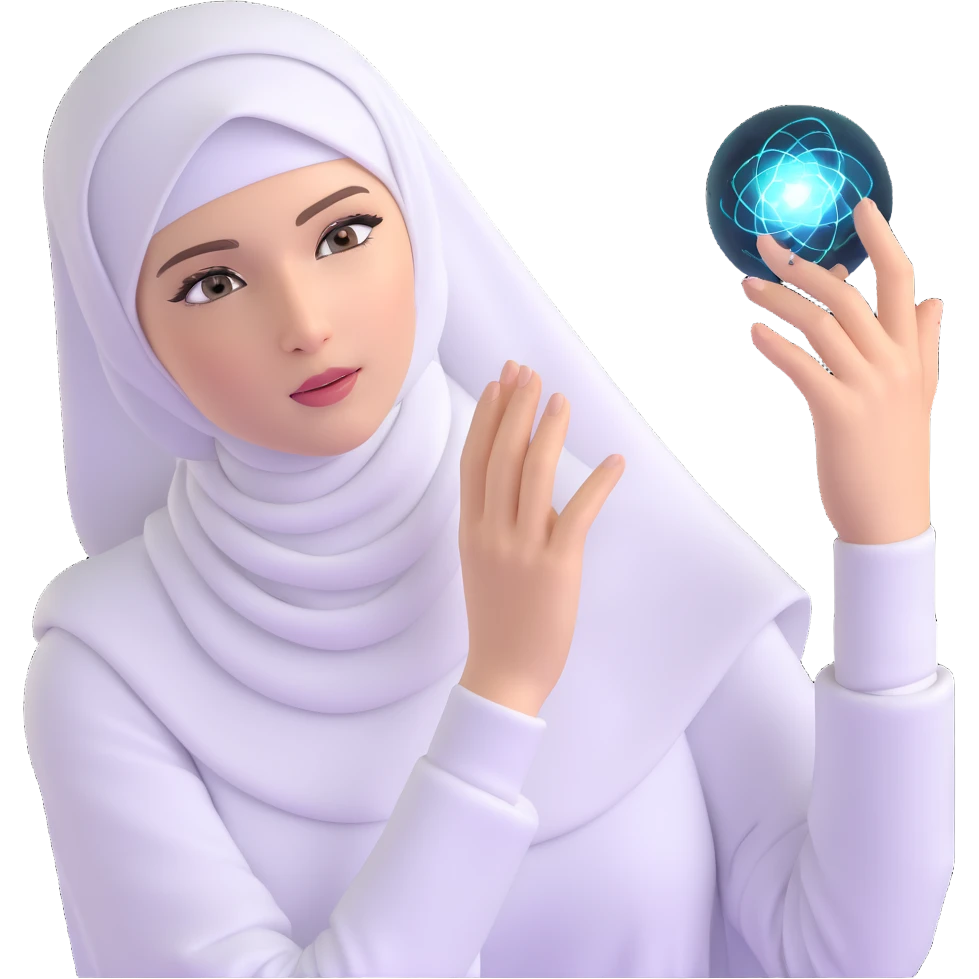 woman with white hijab interacting with holographic metaverse interfaces, augmented reality displays, virtual machine artifacts, digital world emoji