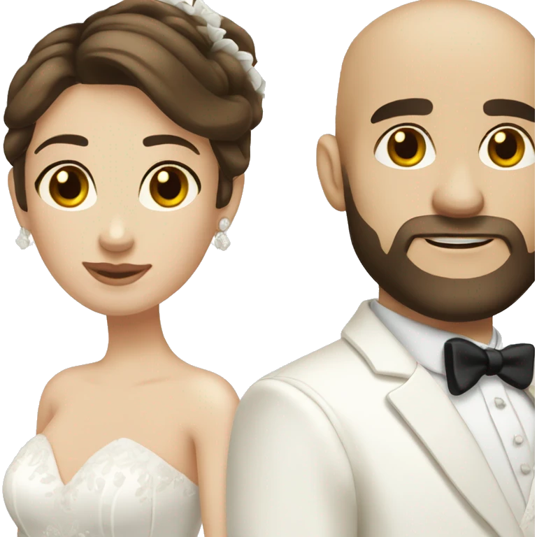 bride with long brown hair and bald dark hair and dark eyes bearded groom with white suit emoji