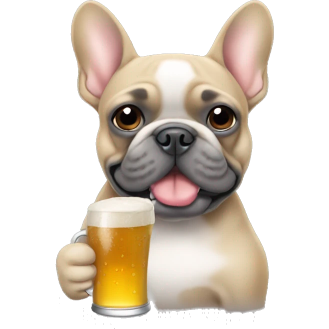 Tan and gray French bulldog holding a beer emoji