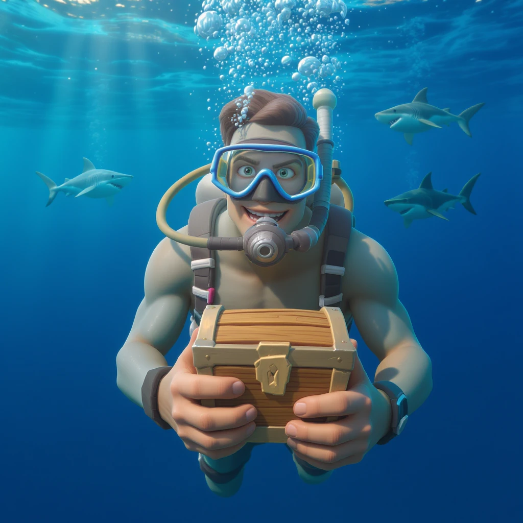 portrait, closeup, 3D, symmetrical, fortnite art style, diver holding chest underwater, happy shark swiming around him, blue crystal water, sunny day emoji