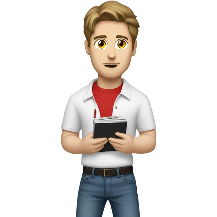 attractive brunette man wearing red polo overtop a white shirt and really baggy jeans looking at records, pale skinned emoji