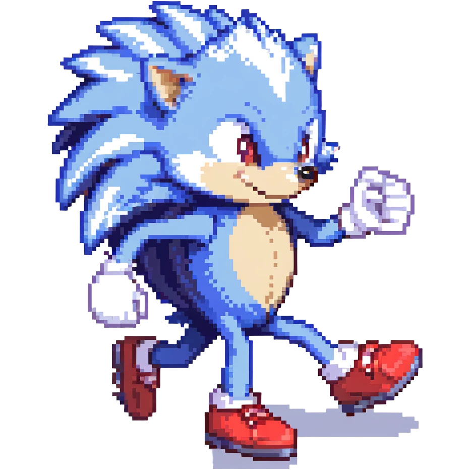blue hedgehog with red shoes and white gloves, mid-run in a colorful Green Hill Zone with golden rings and motion lines, confident expression emoji