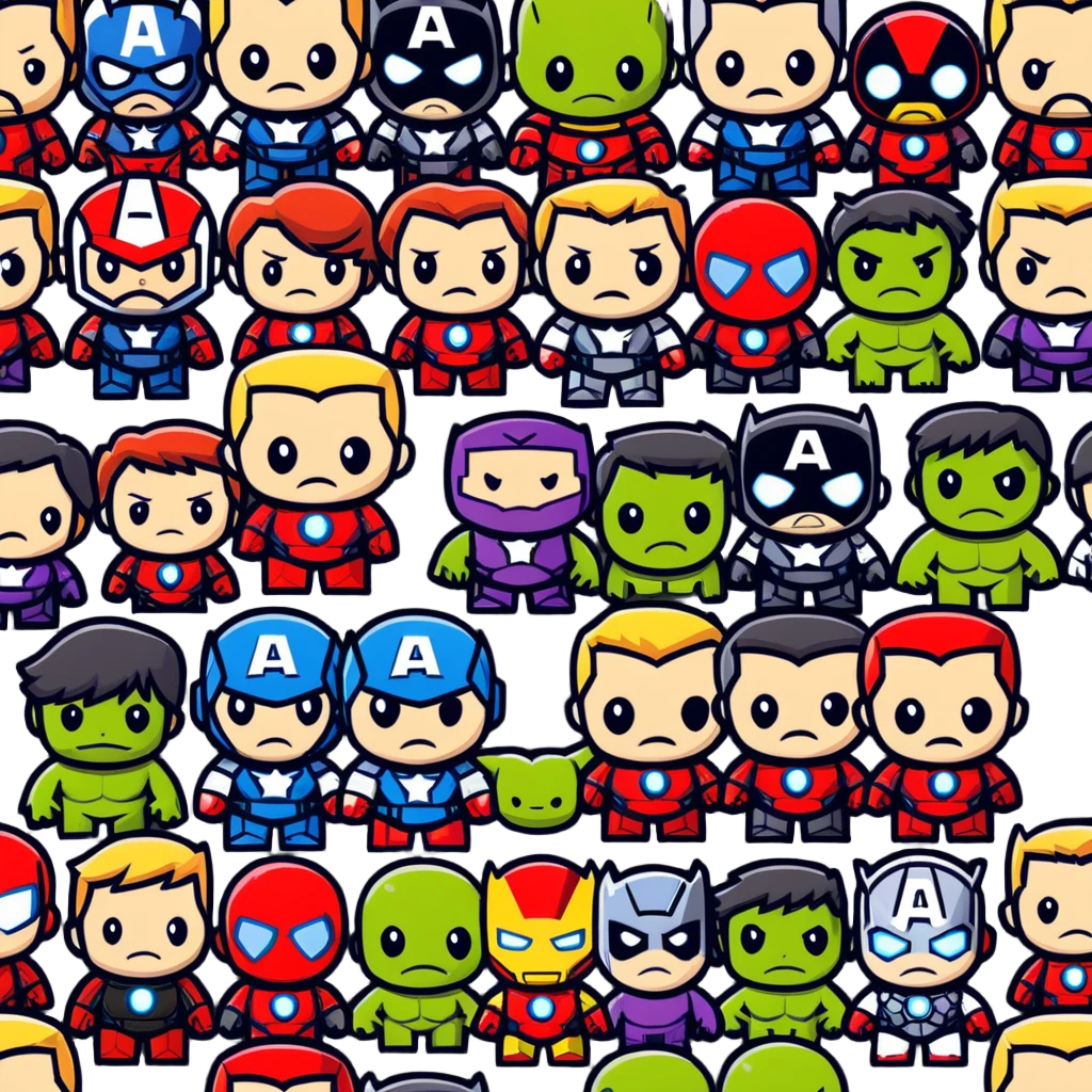 Chibi Avengers team with cute small proportions, big heads, tiny bodies. Include Iron Man, Captain America, Thor, Hulk, Black Widow, and Hawkeye with adorable expressions emoji