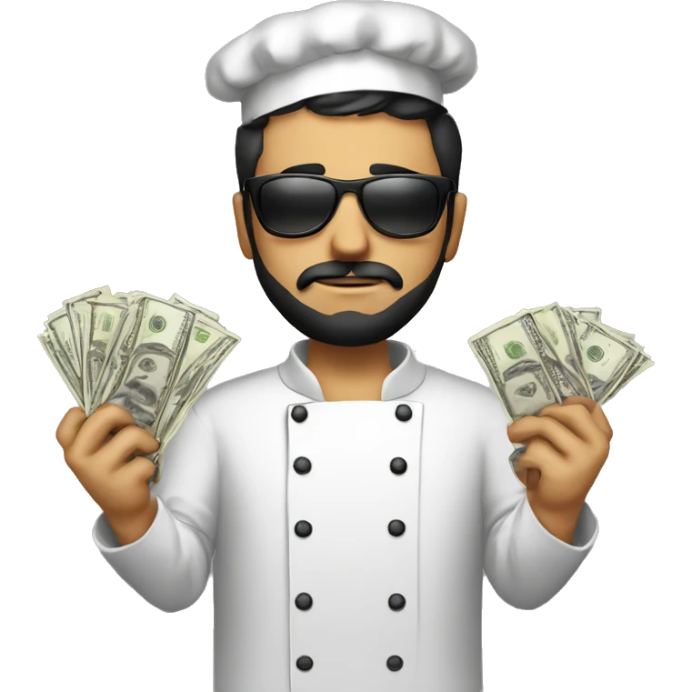 very sad men with black sunglasses, black short hair, small  beard, dressed as chef, with dollars in one hand and food on the other hand emoji