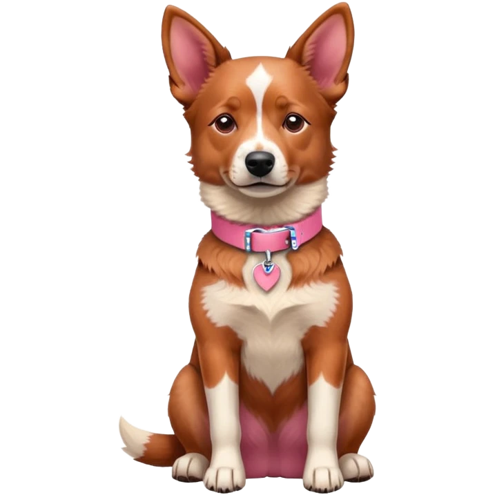 Australian red heeler dog sitting down facing forward, with a pink collar around neck emoji