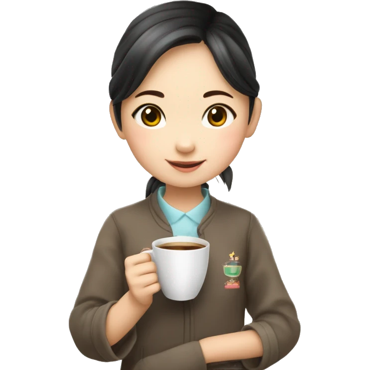 Create an animated emoji: a lovely Chinese little girl pushing a cup of hot coffee in and saying “thank you, my teacher!” The girl is just as high as the cup. emoji