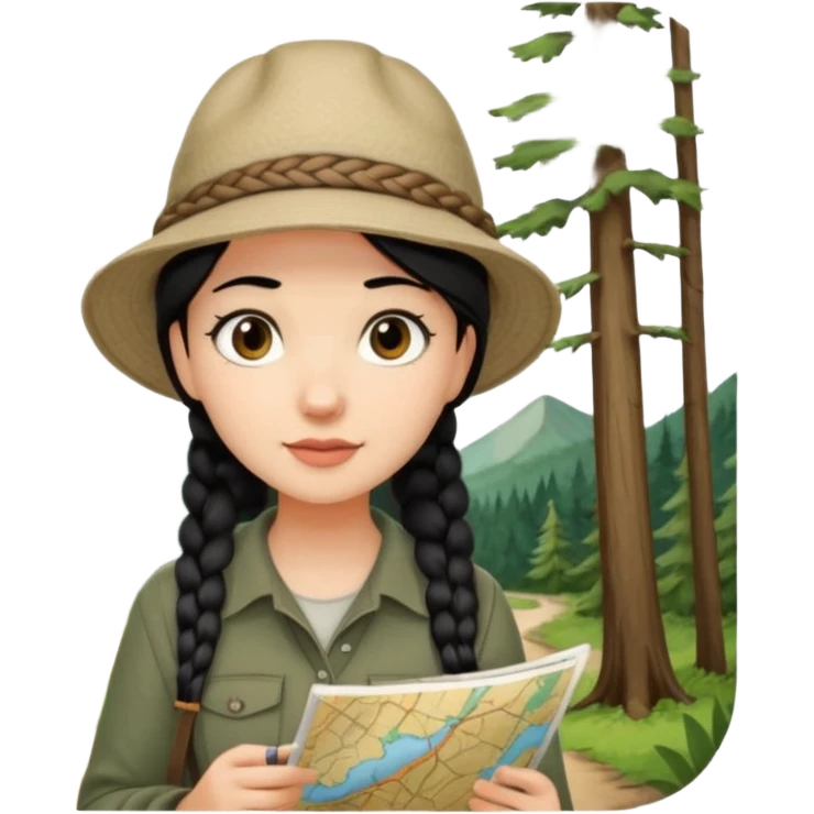 A braid black hair backpacking woman checking her map with curious eyes while walking in the woods with camping hat emoji