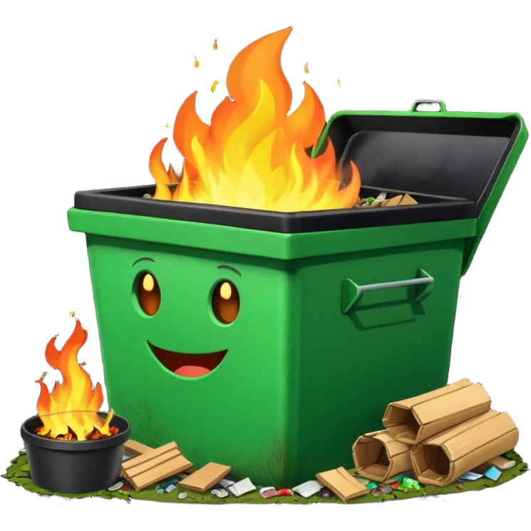 Bright green happy dumpster with an open black lid and a large fire burning only inside it. there is litter and trash on the ground around it not burning emoji