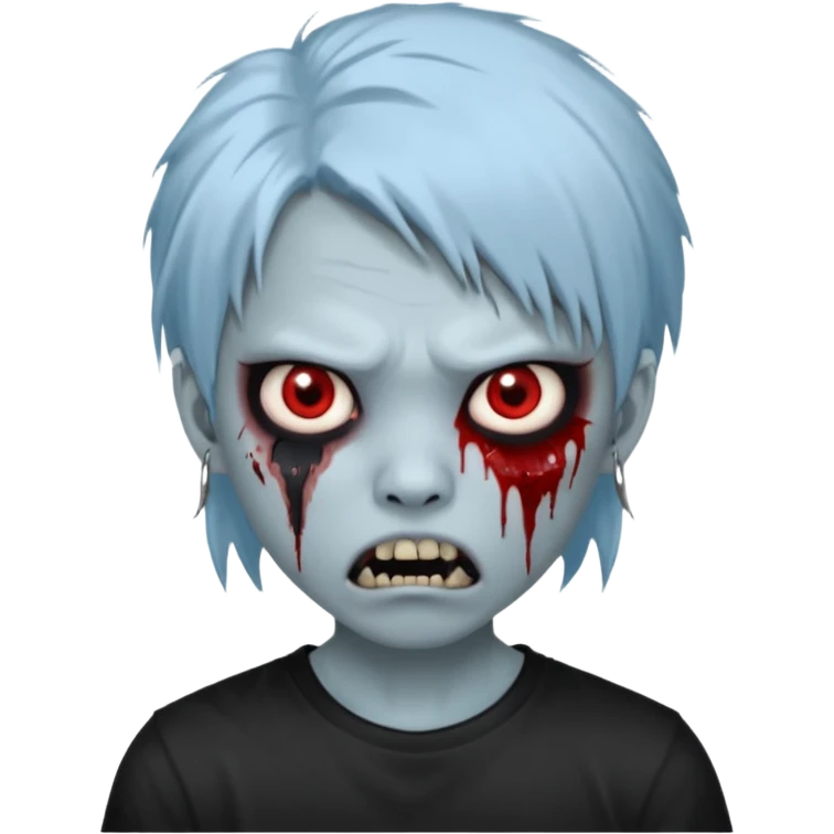  3D emoji-style avatar with very pale blue-grey zombie skin , a young Asian face, and large eyes with blood tears. Give it white litle bit messy mullet hair style , silver hoop earrings, and a plain black T-shirt. The face expression should be slightly angry, with vampire fang emoji