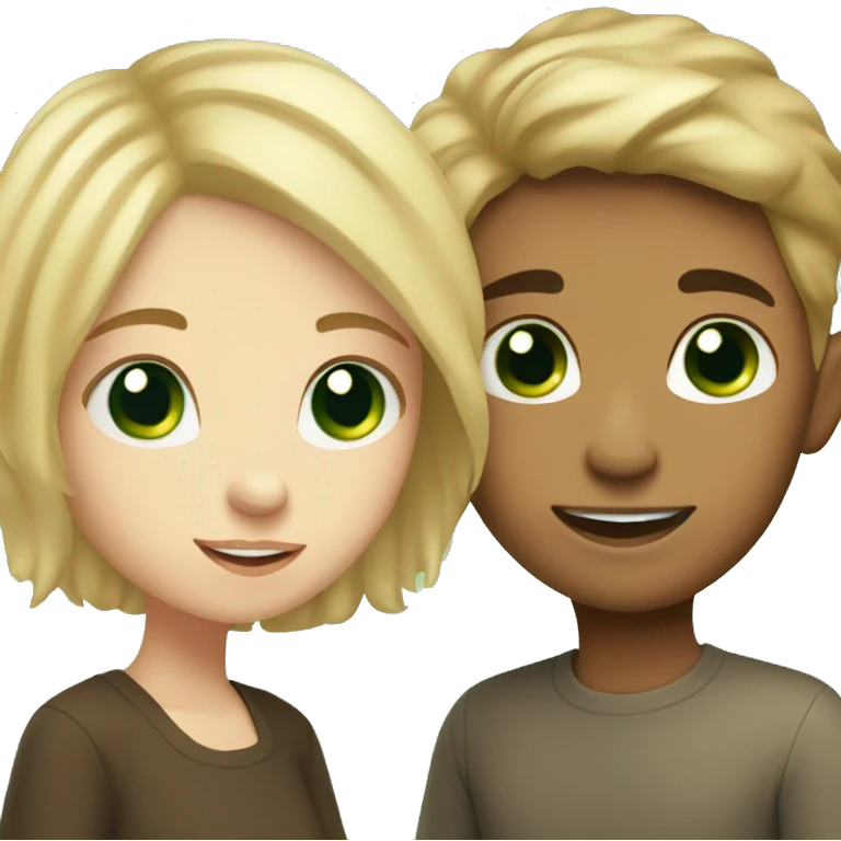 A girl with a brown hair and green eyes kisses a boy with blonde hair and blue eyes emoji