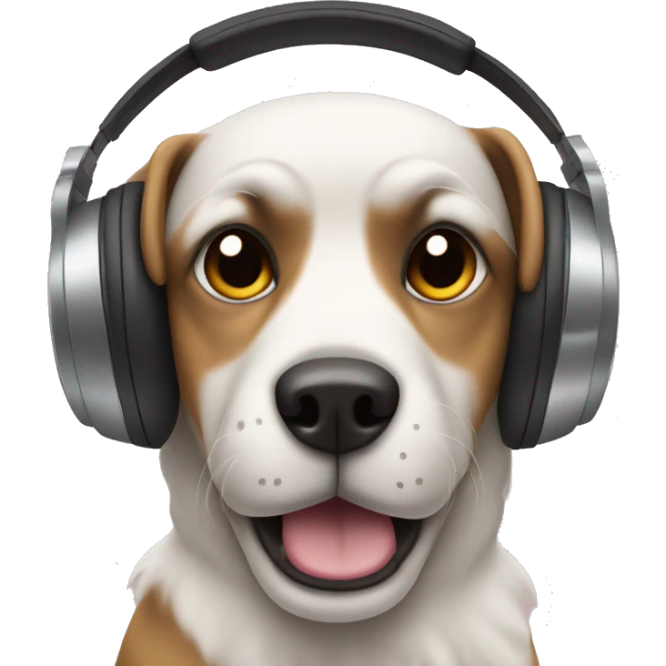 Dog listening to music with headphones on and his hands on them emoji