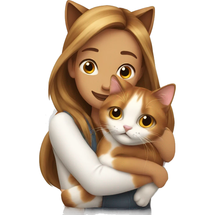 Calico cat hugging long brown hair white woman emoji