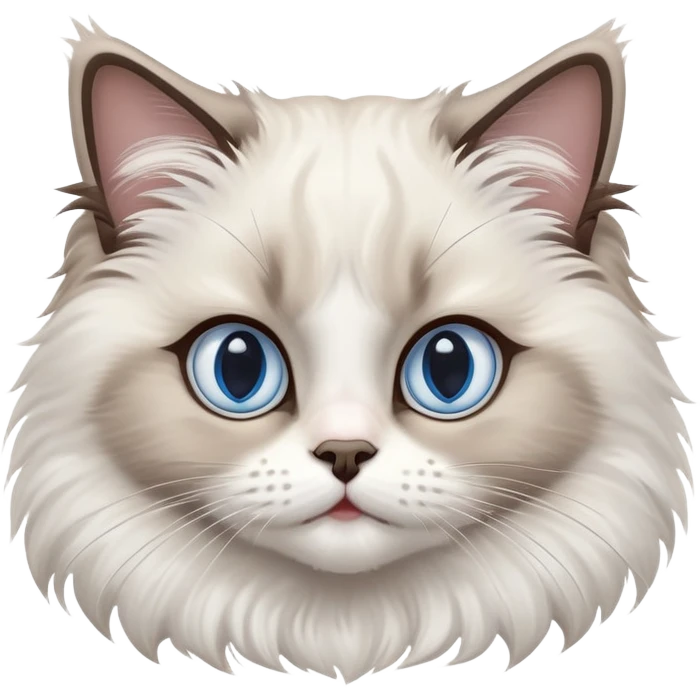 cinematic-adorable-big-eyed-fluffy-ragdoll-cat-portrait-emoji,-head-tilted-playfully-with-a-sweet-expression,-fluffy-white and grey-fur,-simplified-yet-irresistibly-cute-features-with-large,-expression, blue eyed ragdoll cat emoji