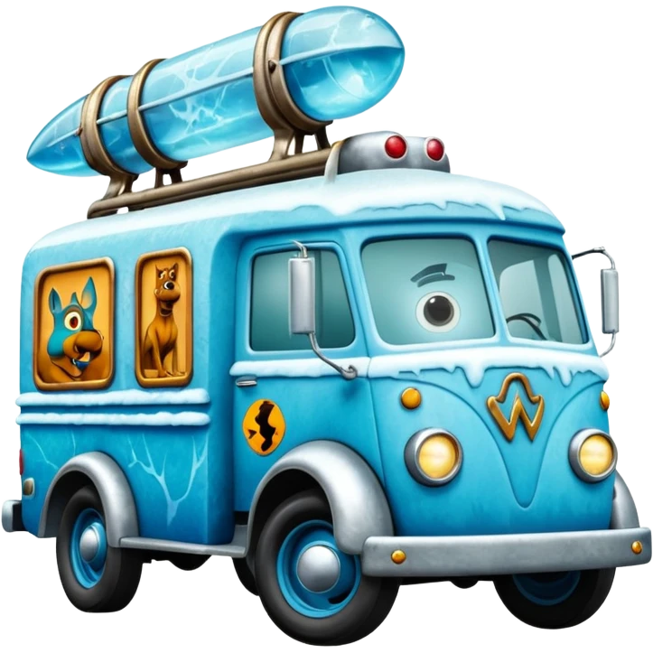  Mr. Creepy Freeze’s shiny frozen Scooby Doo 1918 Lightning Bug busters exterminators antique long wheelbase moving truck  emoji