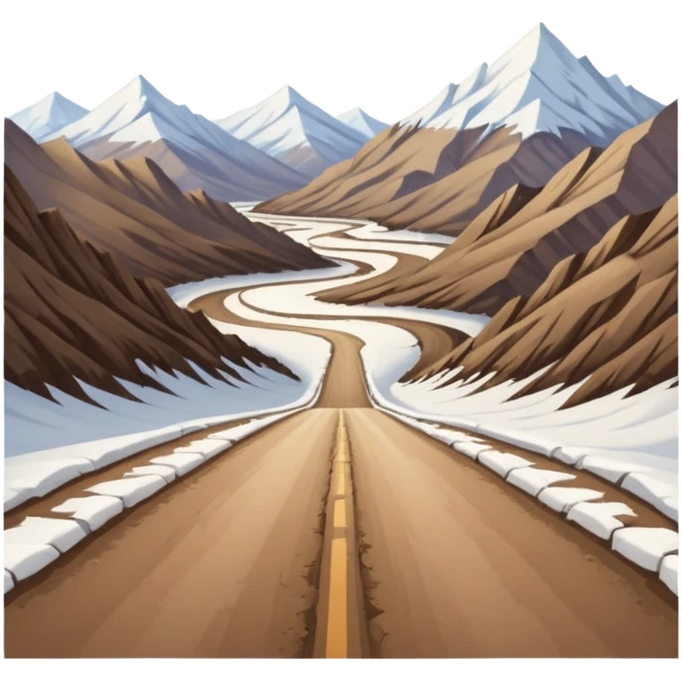 A long STRAIGHT dirt road that disappears into the horizon half way up the screen from the perspective of someone sitting in the middle of the road looking down it. Flat snow fields on both sides of the road with huge looming mountains above the roads horizon line.  emoji