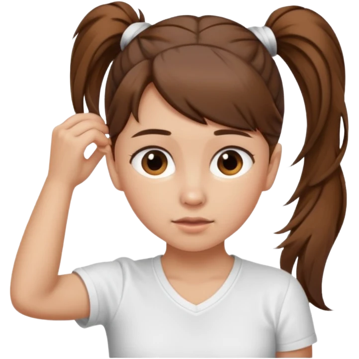 Normal skinned, tiny nosed, brown haired girl with Tying a ponytail emoji