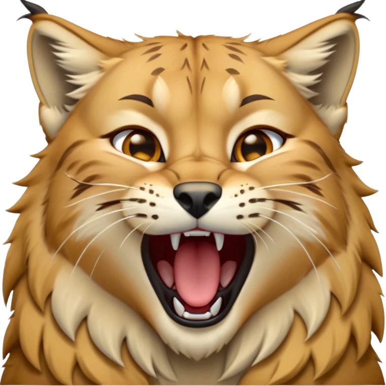 Cinematic-detailed-Yawning-Lynx-Portrait-Emoji – Head tilted slightly with a dramatic, wide-open yawn, revealing a sleek golden-brown fur coat with subtle spots, signature black ear tufts standing tall, round amber eyes barely open in drowsy contentment zoomed out to show the shoulders emoji