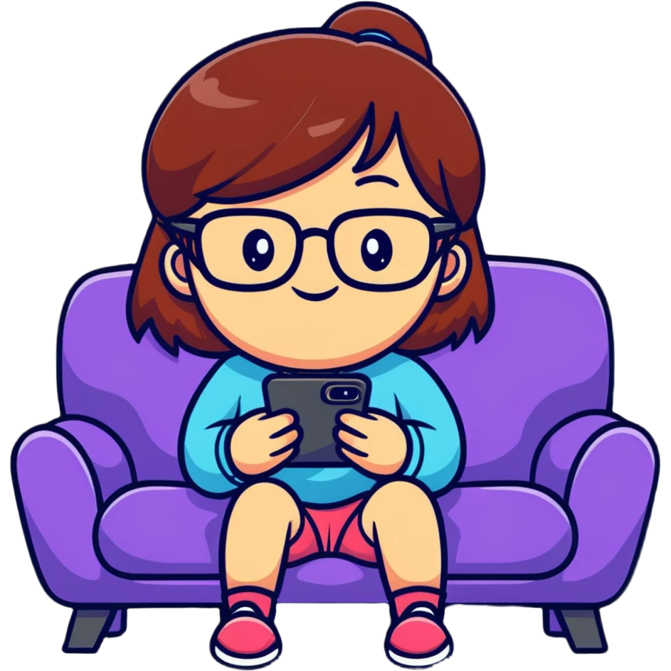 A cute young girl with glasses sitting on a couch, happily playing a mobile phone game with a cheerful expression emoji