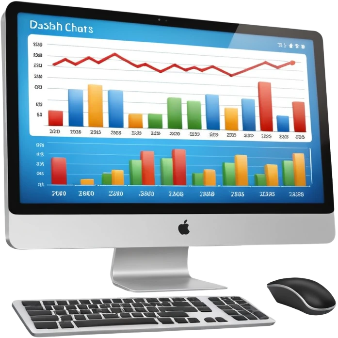 Create a modern desktop computer displaying financial charts and analytics dashboards on the screen. emoji