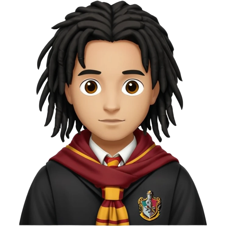 Luke Youngblood is Lee Jordan in harry potter, wear hogwarts uniform, dreadlocks black  hair, gryfindor scarf around neck emoji