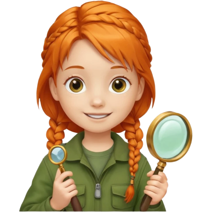 braid orange haired girl kid in moss green explorer outfit, holding magnifying glass, smile emoji